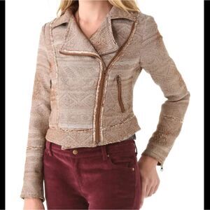 Free People Brown Ikat Tapestry Asymmetrical Zip Short Jacket size 4 Moto READ